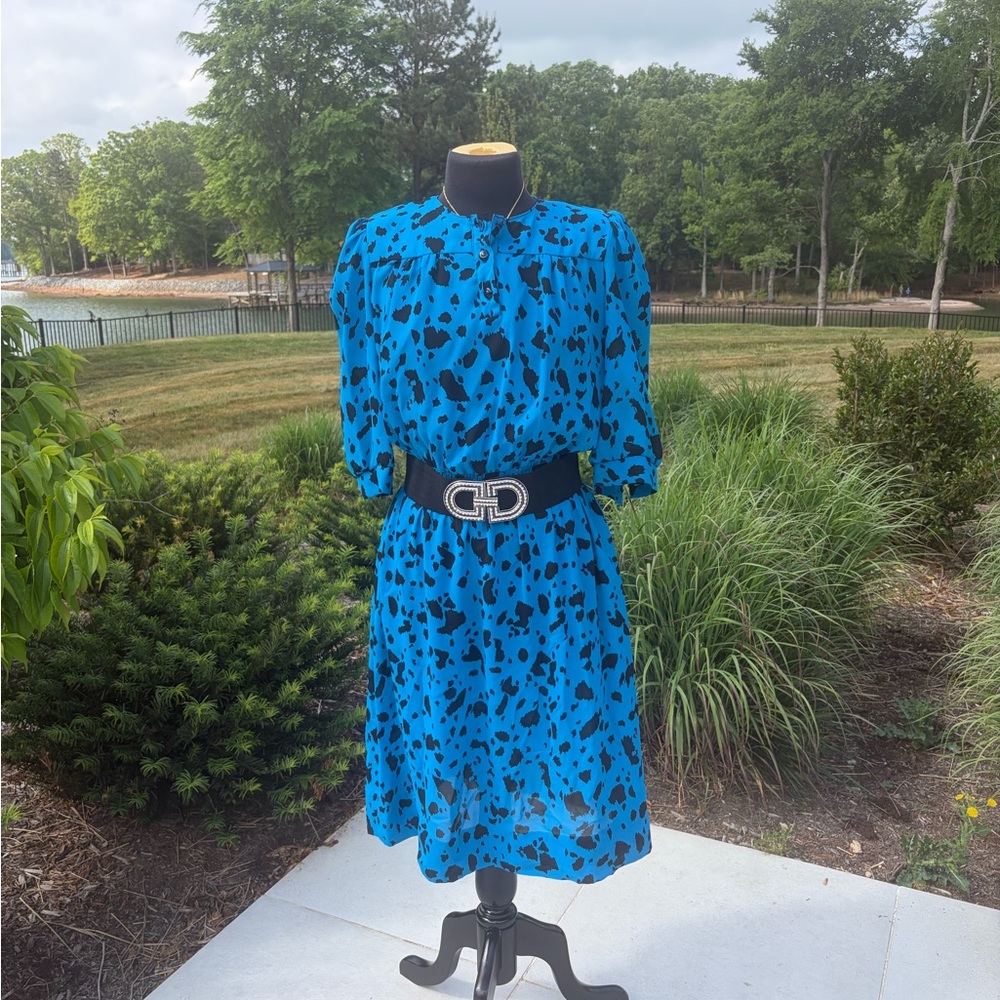 Vintage 80s Electric Blue Abstract Print Midi Dress Medium Statement Power Dress - Picture 5 of 5